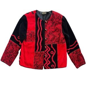 Julia Kim Womens Sz Small Red Black Colorblock Rayon Embroidered Tapestry Jacket